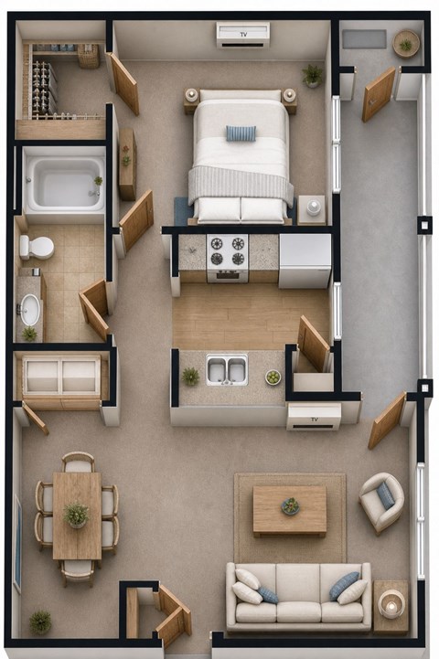 Floor plan for 1 bed, 1 bath, 733 sqft